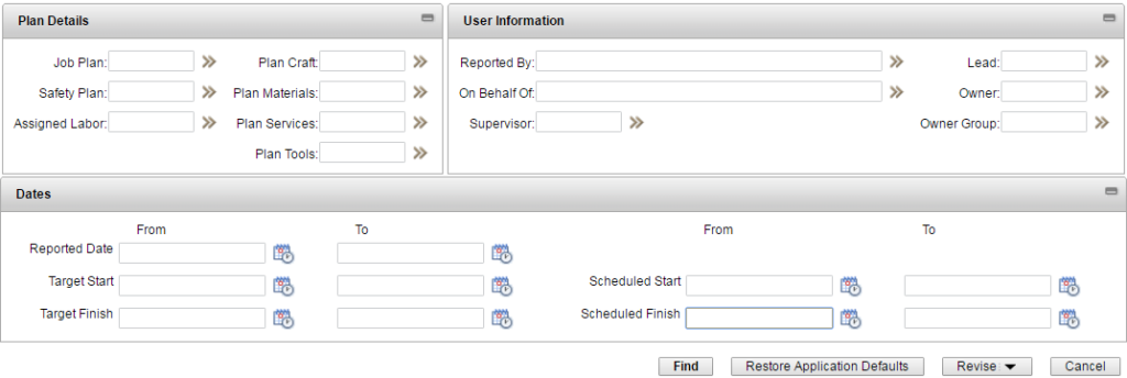 Use Advanced Search's Dates section to find all Work Orders in a period.