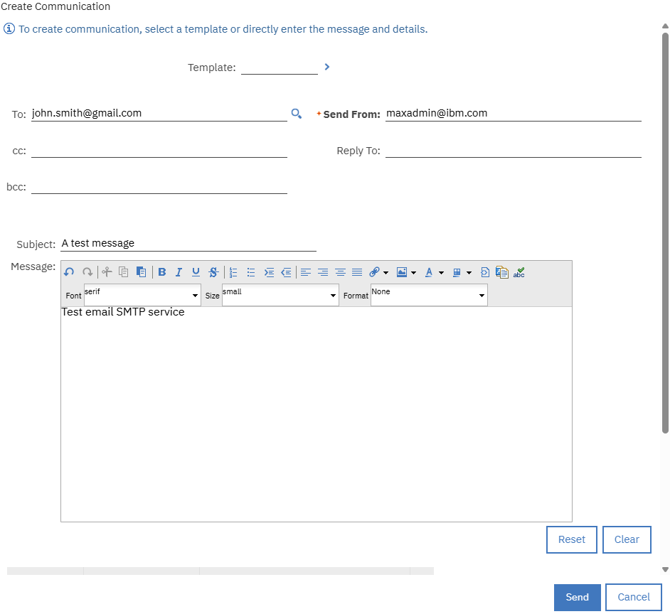 Use the Create Communication function to send a test email from Maximo