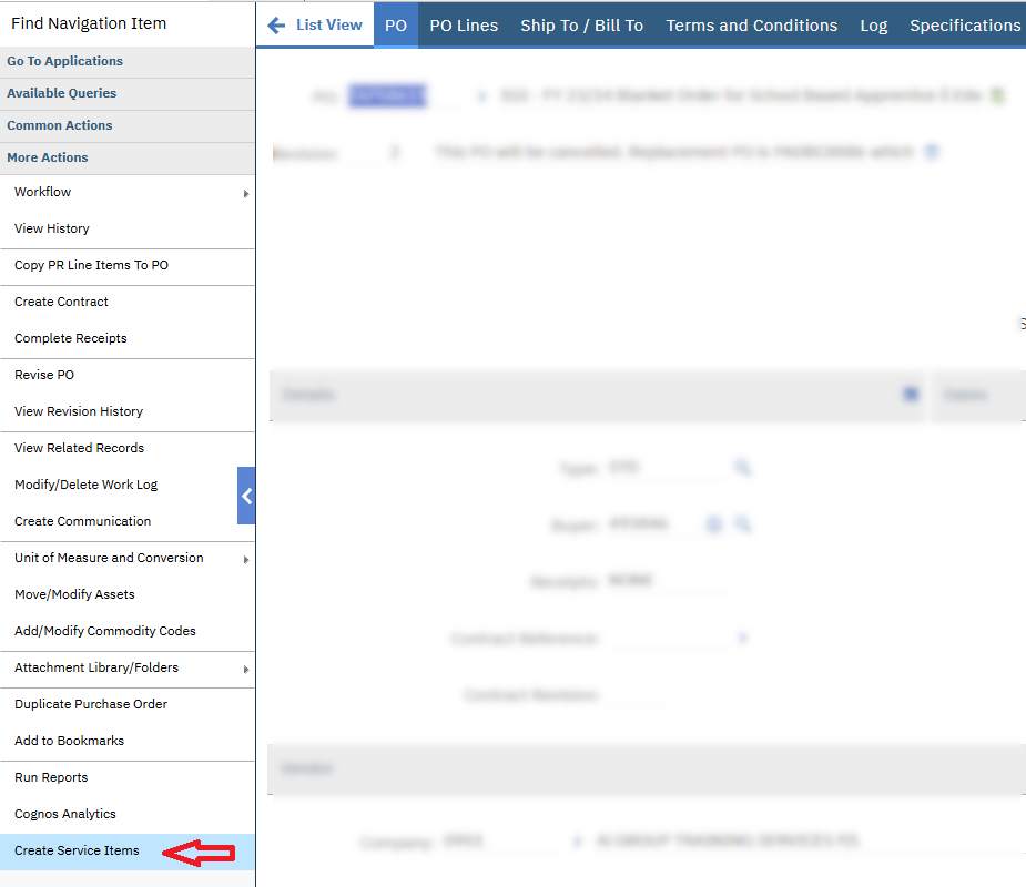 A new action to create Standard Service items from the Purchase Order